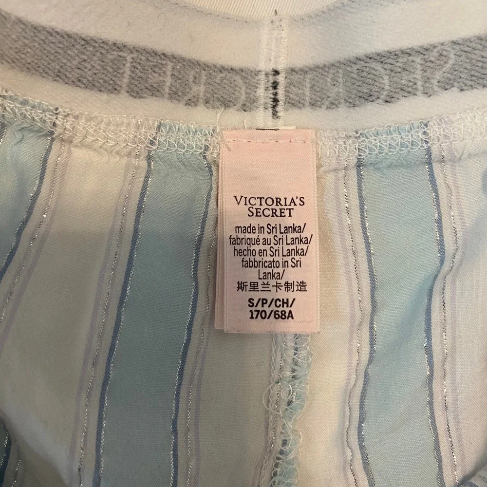 Victoria's Secret Pajama Shorts Small Blue White Striped Silver Lurex Logo Waist